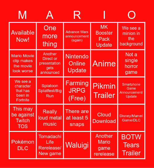 Pan's Nintendo Direct Bingo Card Bingo Card