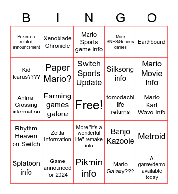 NINTENDO DIRECT FEB 2023 Bingo Card