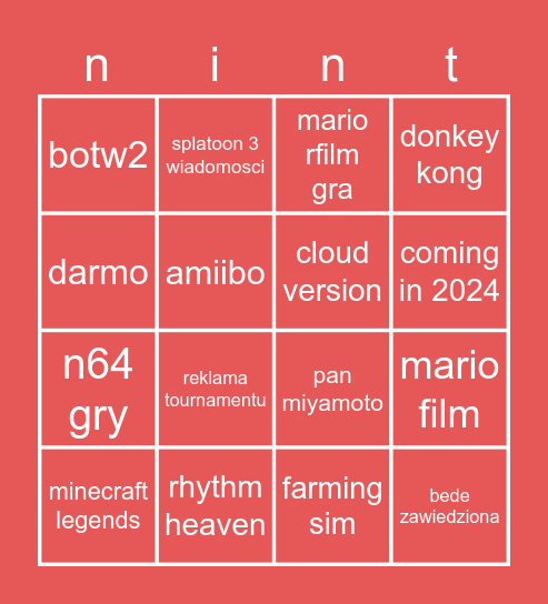 nintendo direct sunglasses Bingo Card