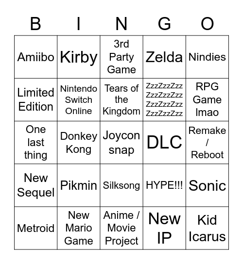 Nintendo Direct February 2023 Bingo Card