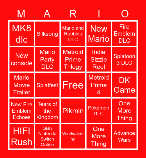 Nintendo Direct Bingo Card