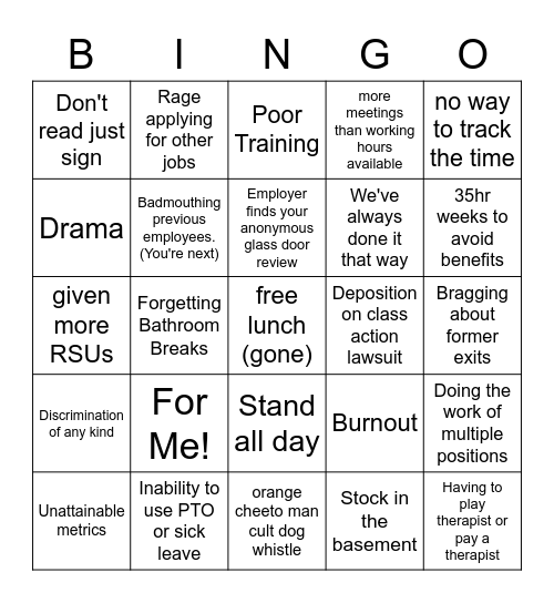 Quit your job (or got laid off) bingo! Bingo Card