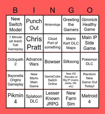 Nintendo Direct 2023 Bingo Card