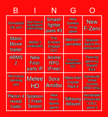 Nintendo Direct Bingo Card