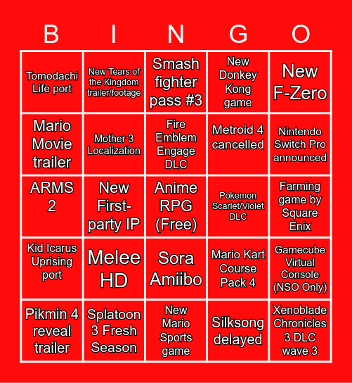 Nintendo Direct Bingo Card