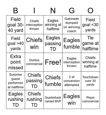 Super Bowl Bingo Card