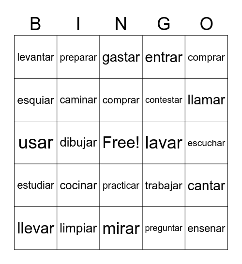 AR Verbs Bingo Card