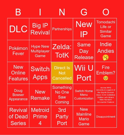 Nintendo Direct 2/8/23 Bingo Card