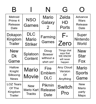 Nintendo Direct 2/8/23 Bingo Card