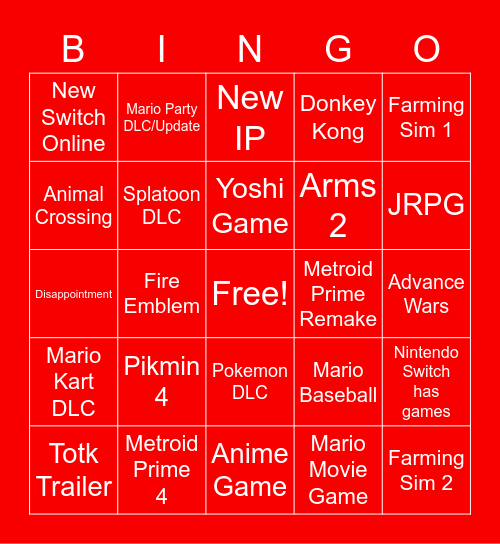 Nintendo Direct 09/02/23 Bingo Card