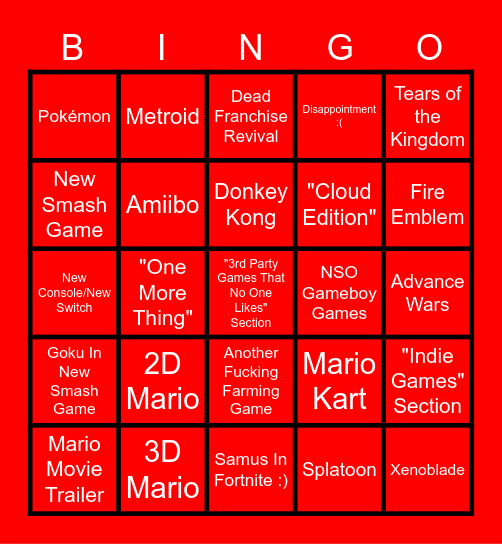 Nintendo Direct Bingo Card