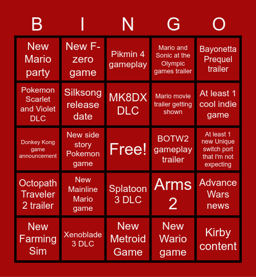 Nintendo Direct February 2023 Bingo Card