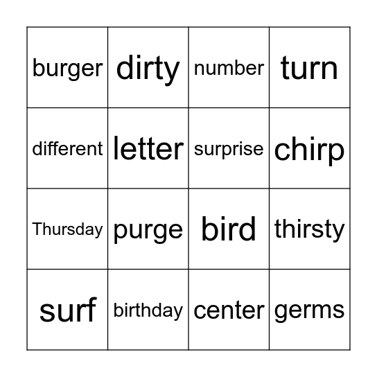 IR, ER, UR Bingo Card