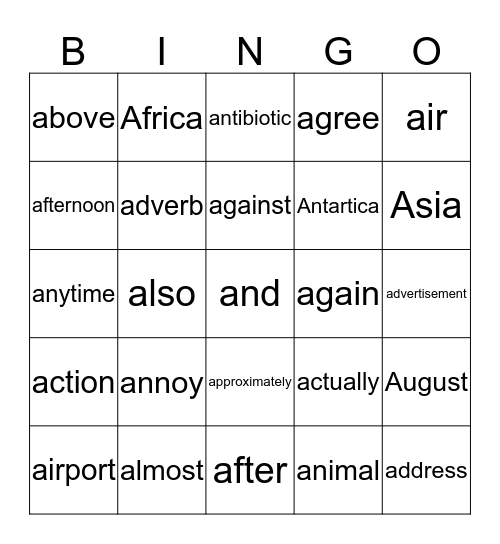 Word Bingo Card