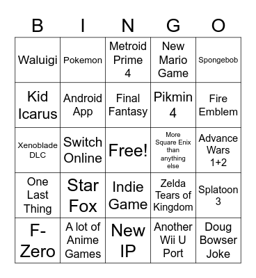 Nintendo Direct Bingo Card