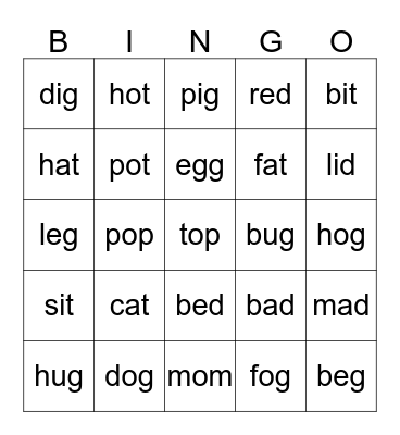 CVC Words Bingo Card