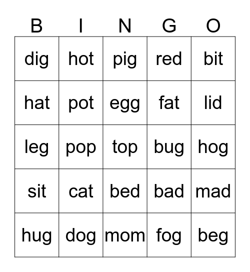 CVC Words Bingo Card