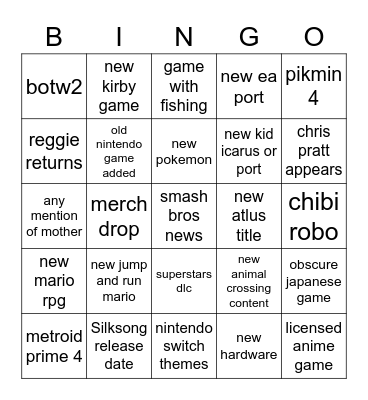 Nintendo Direct 2023 Bingo Card