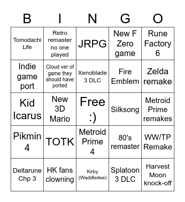 Nintendo Direct 8/2/23 Bingo Card