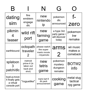 nintendo direyct Bingo Card