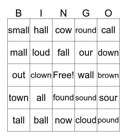 all, ou, ow Bingo Card