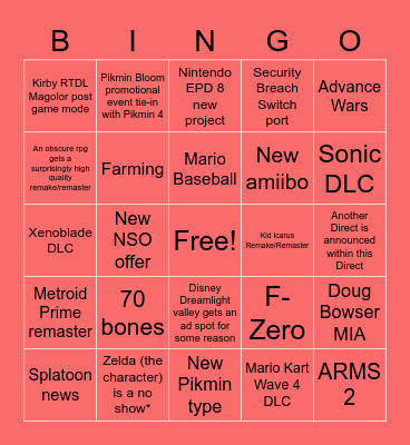 Nintendo Directio Bingo Card