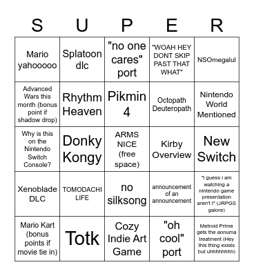 nintendo direct 2/8/23 Bingo Card