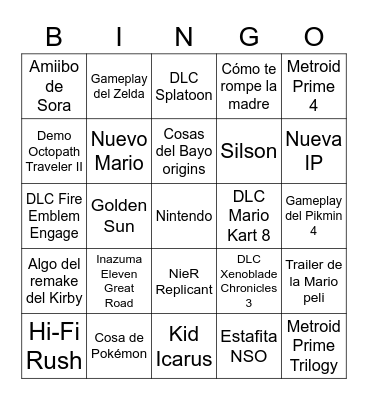 NINTENDO DIRECT Bingo Card