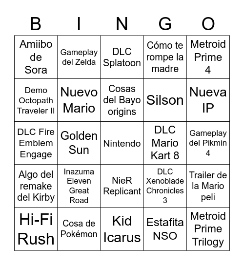 NINTENDO DIRECT Bingo Card