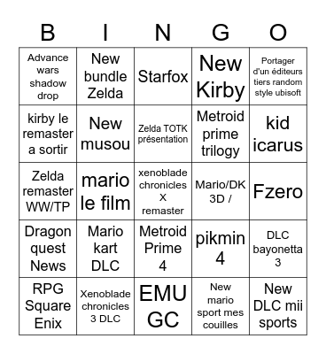 Nintendo direct Bingo Card