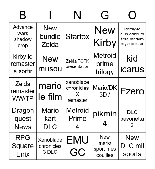 Nintendo direct Bingo Card