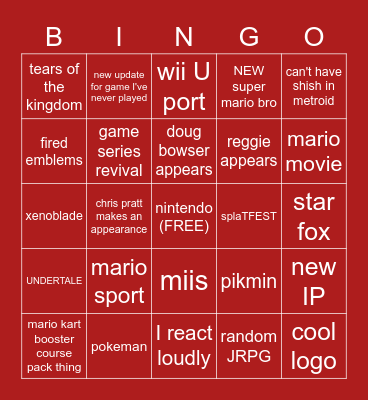 Nintendo Direct Bingo Card