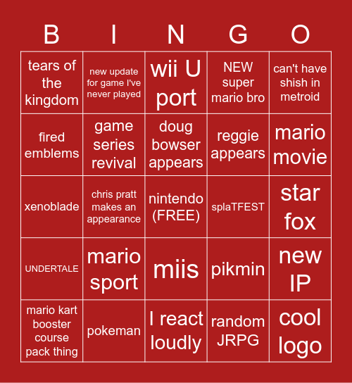 Nintendo Direct Bingo Card