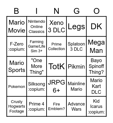 Nintendo Direct 2/8/23 Bingo Card