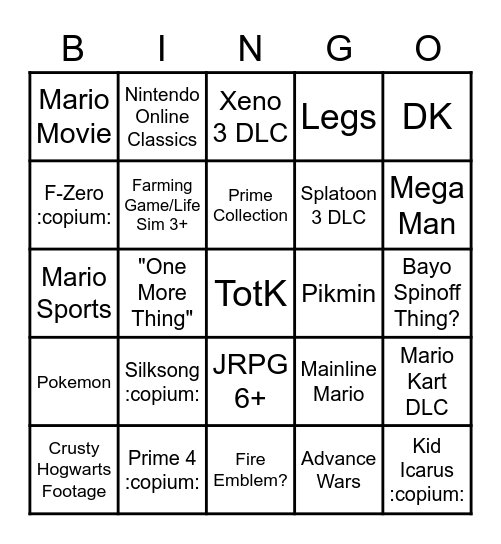 Nintendo Direct 2/8/23 Bingo Card