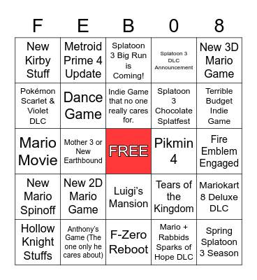 Nintendo Direct Bingo Card