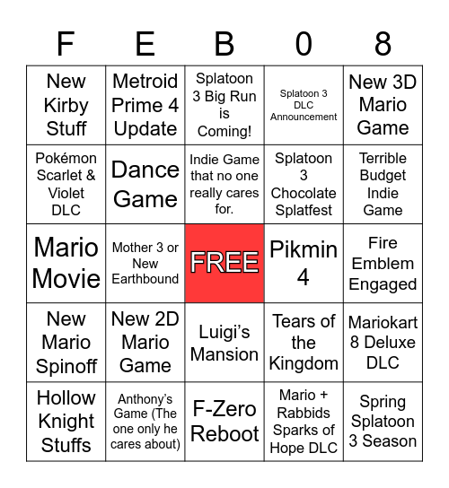 Nintendo Direct Bingo Card