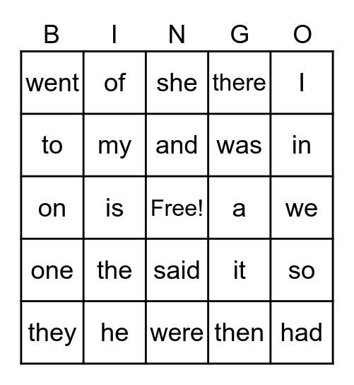 Level One Words Bingo Card
