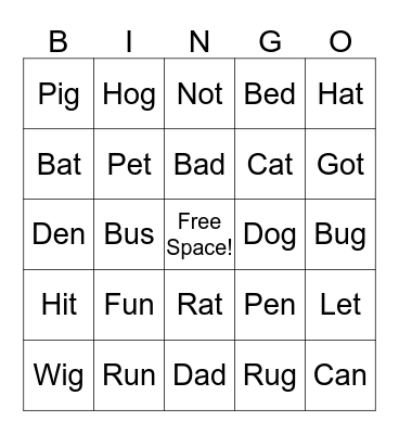 Short Word Bingo Card