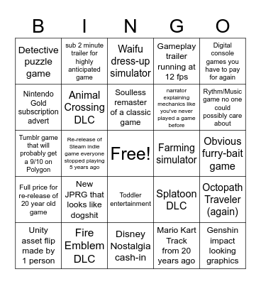 Nintendo Direct Bingo Card