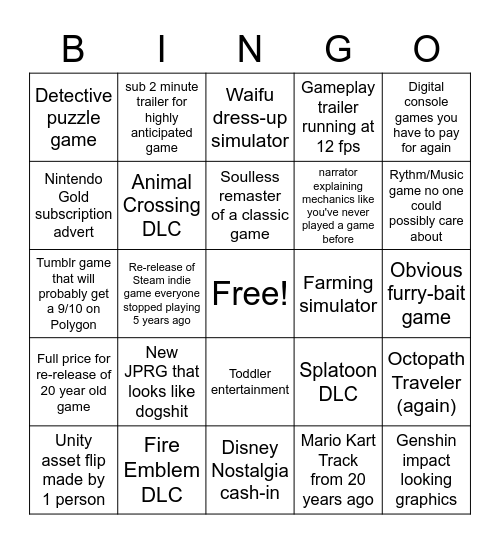 Nintendo Direct Bingo Card