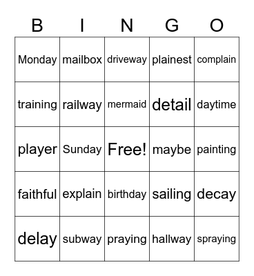 ai ay multisyllables Bingo Card