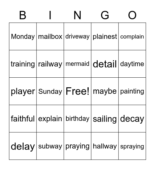 ai ay multisyllables Bingo Card