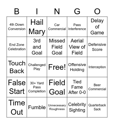 Superbowl LVII Bingo Card