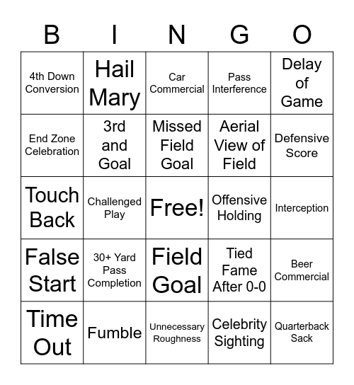 Superbowl LVII Bingo Card