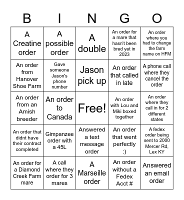 February Breeding Season Bingo! Bingo Card