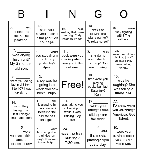 Who/ What/ When/ Where/ Why/ Which Bingo Card