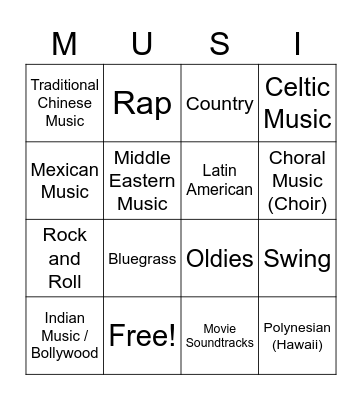 MUSIC GENRE BINGO Card