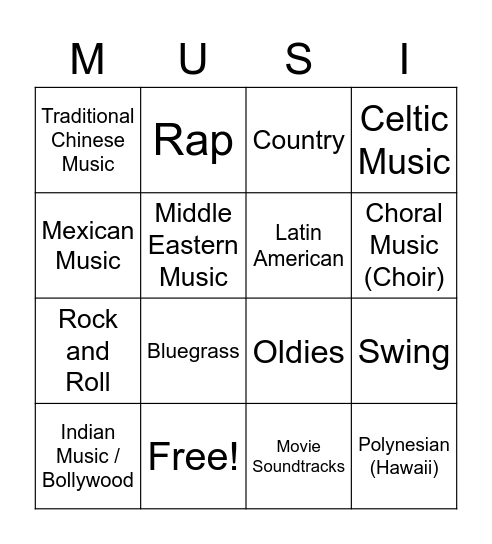MUSIC GENRE BINGO Card
