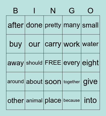 Sight Word Bingo Card